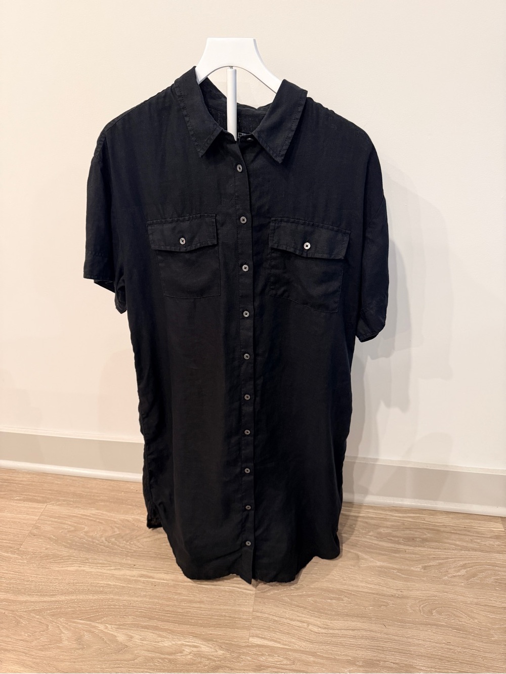 J. Crew Black Short-Sleeve Linen Button-Down Shirt Dress